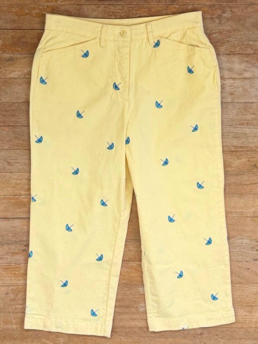 intage Umbrella Print Capris 1990s Cotton Spandex Yellow Pants Women's Size 4 P